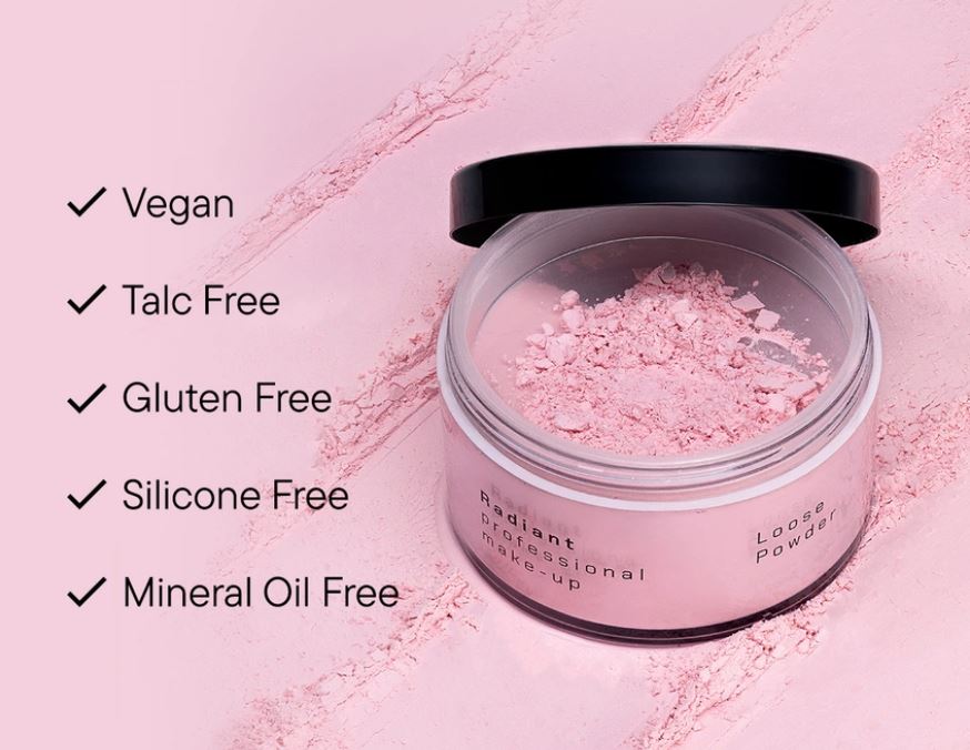 Pink loose powder til at illuminere grå nuancer, specielt under øjnene. Fra Radiant, forhandles hos Somé i Horsens og på webshop www.so-me.dk/shop